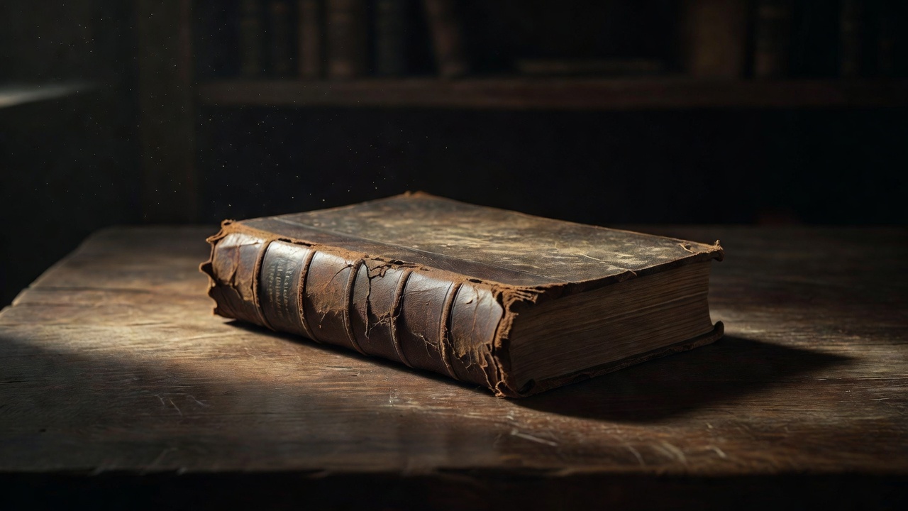 An old book with a worn spine resting alone under soft side lighting