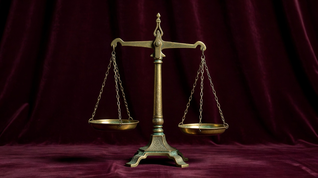 Antique brass balance scales standing alone against a deep burgundy backdrop