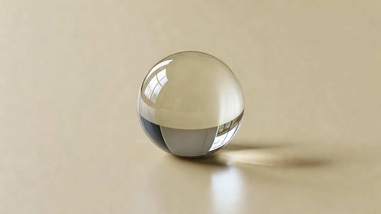A glass sphere on a plain champagne backdrop holding an inverted reflection of a window