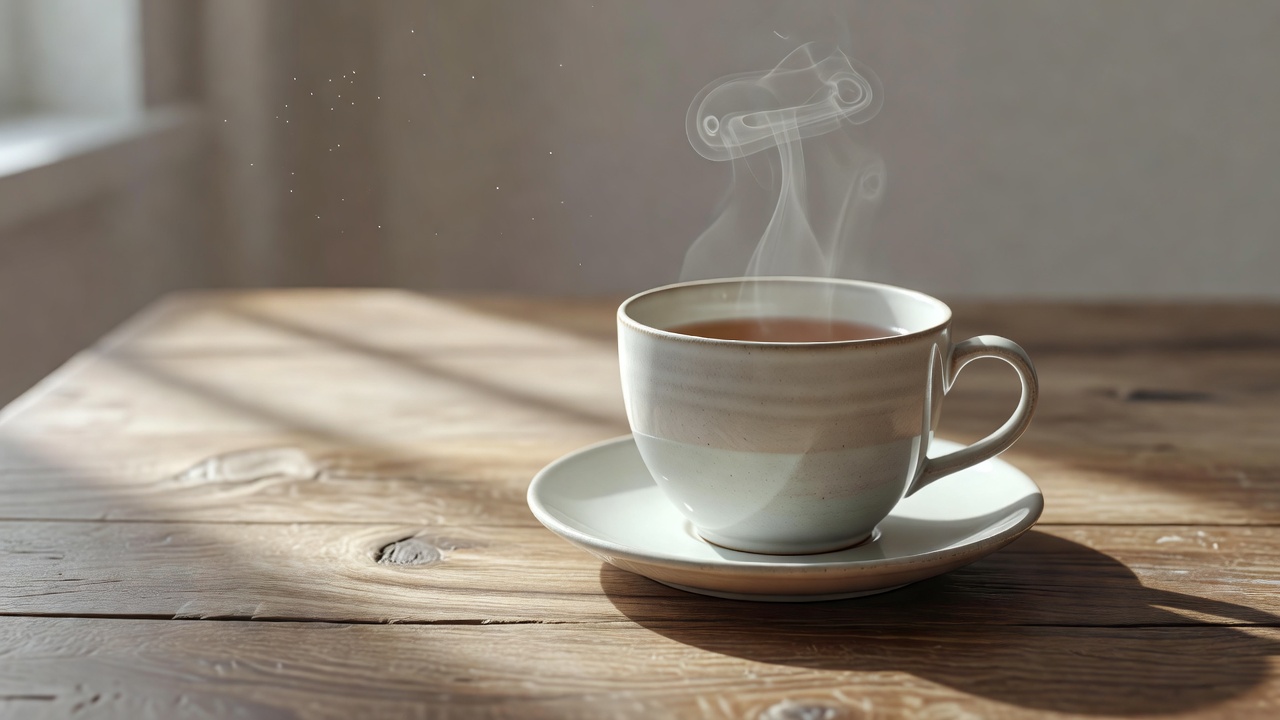 A steaming ceramic teacup on a bare wooden table in pale morning light